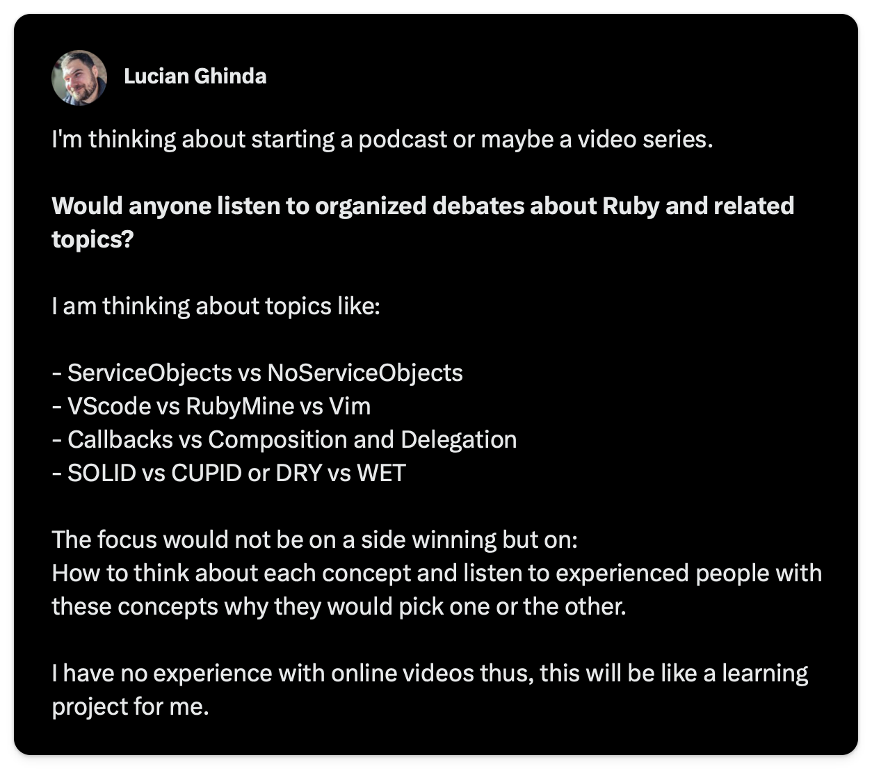 Screenshot with the post where I announced the idea of Short Ruby Videos podcast